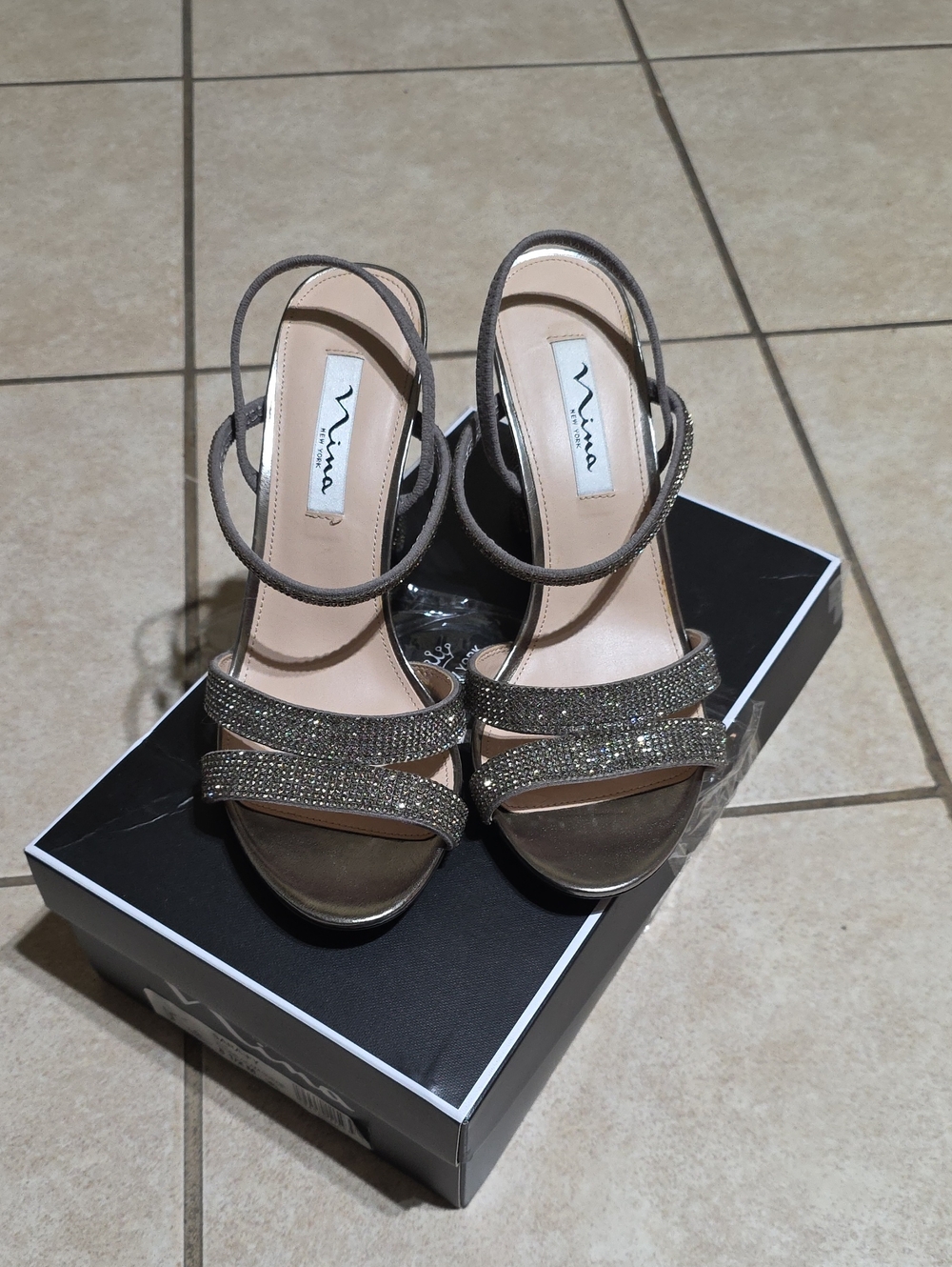 Nina Taupe Rhinestone Strappy Dress Heels
